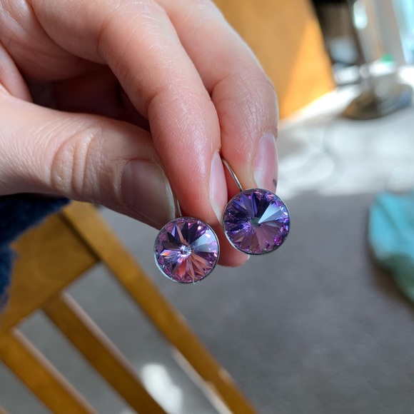 Purple/Green Iridescent Glass Earrings Silver Trim - Picture 2 of 6